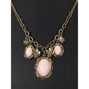 1928 Gold Tone Pink Cabochon Flower Charm Necklace Vintage Style 19"